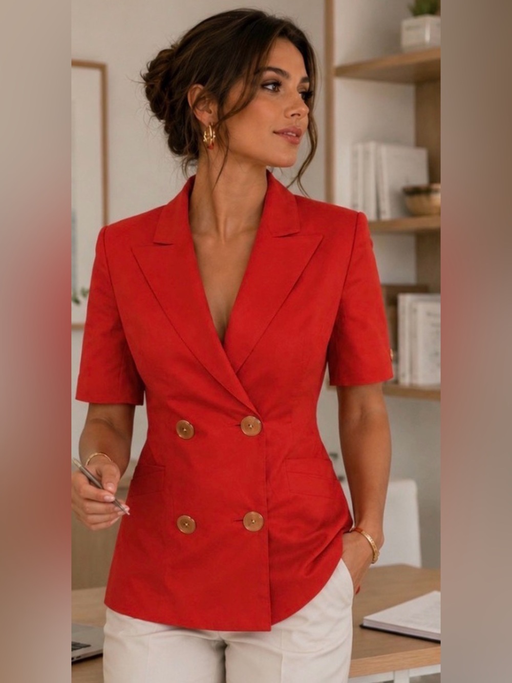 Vintage Louis Féraud Red Double Breasted Gold Button Longline Blazer Sz 6